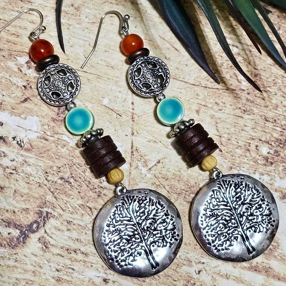 Artisan Hand Crafted Earrings Tree of Life Silver Brown Aqua Green Orange Beaded